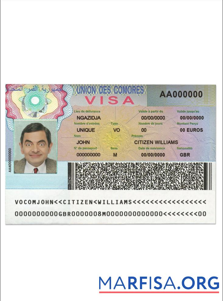 Realistic Union des Comores travelling visa template